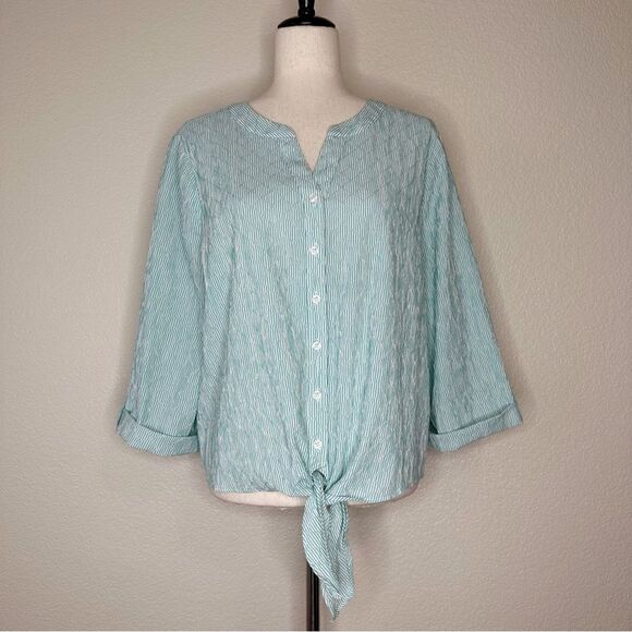 Chico’s Green Striped Diamond Textured Tie Front Shirt - Picture 1 of 12